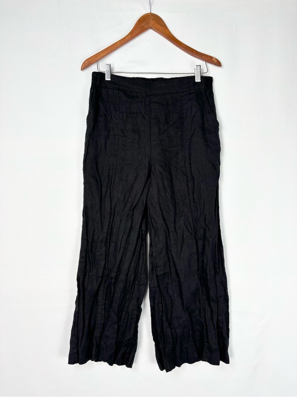 Lisa Bayne Tiered Linen Wide Leg Pant Black Women Size M USA